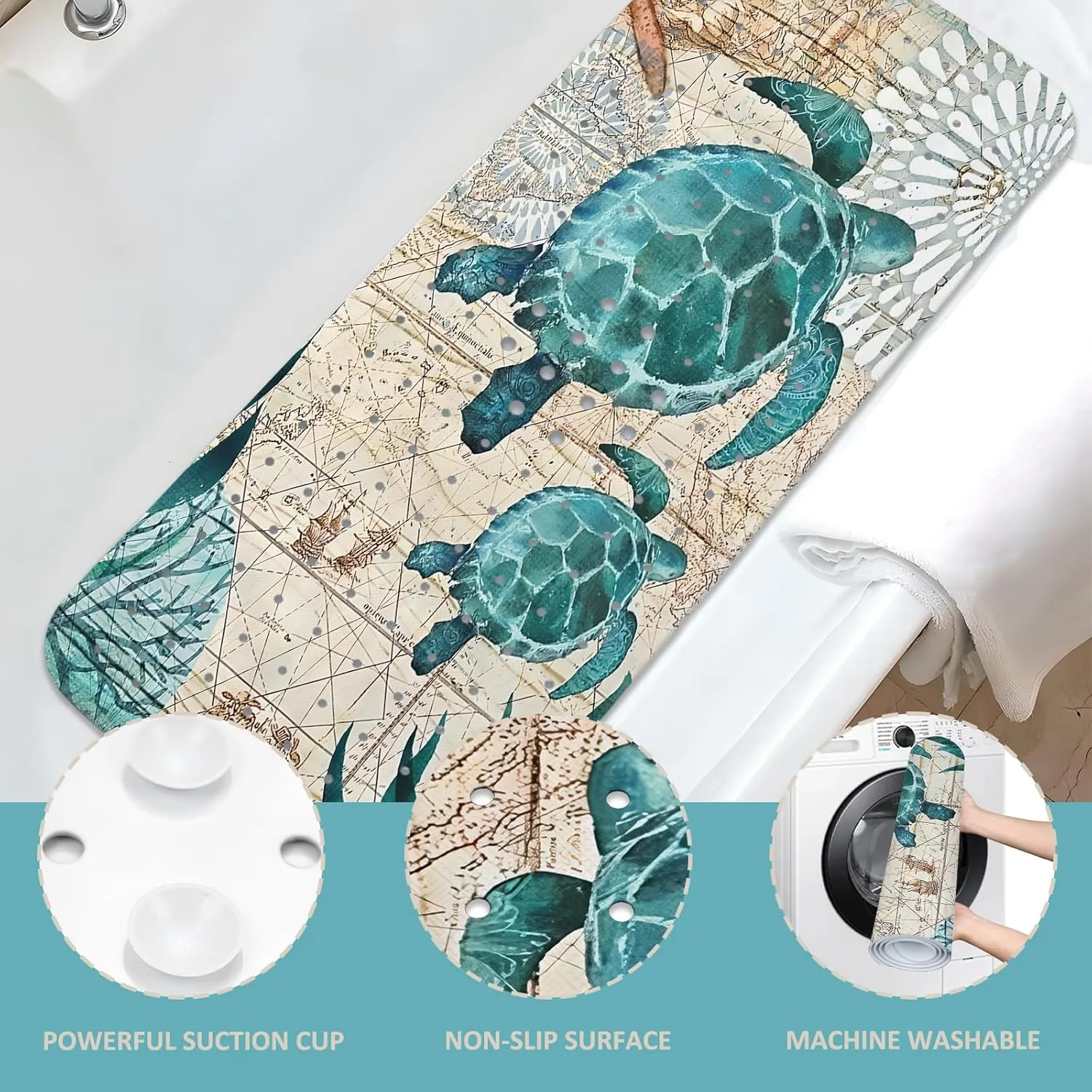 Sea Turtle Bathtub Mat Non Slip, Baby Bath Mat for Tub Rubber Tub Mat, Cute Kids Bath Mats for Bathroom Ocean Beach Anti Slip Shower Mat with Suction and Drain Holes Machine Washable, 39.5″X15.8″