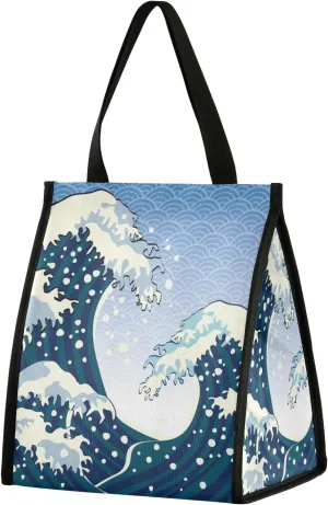 Sea Wave Lunch Bag for Men Women Insulated Japanese Lunch Box Tote Leak Proof Reusable Cooler Bag Portable Handbag for Office Work School Picnic