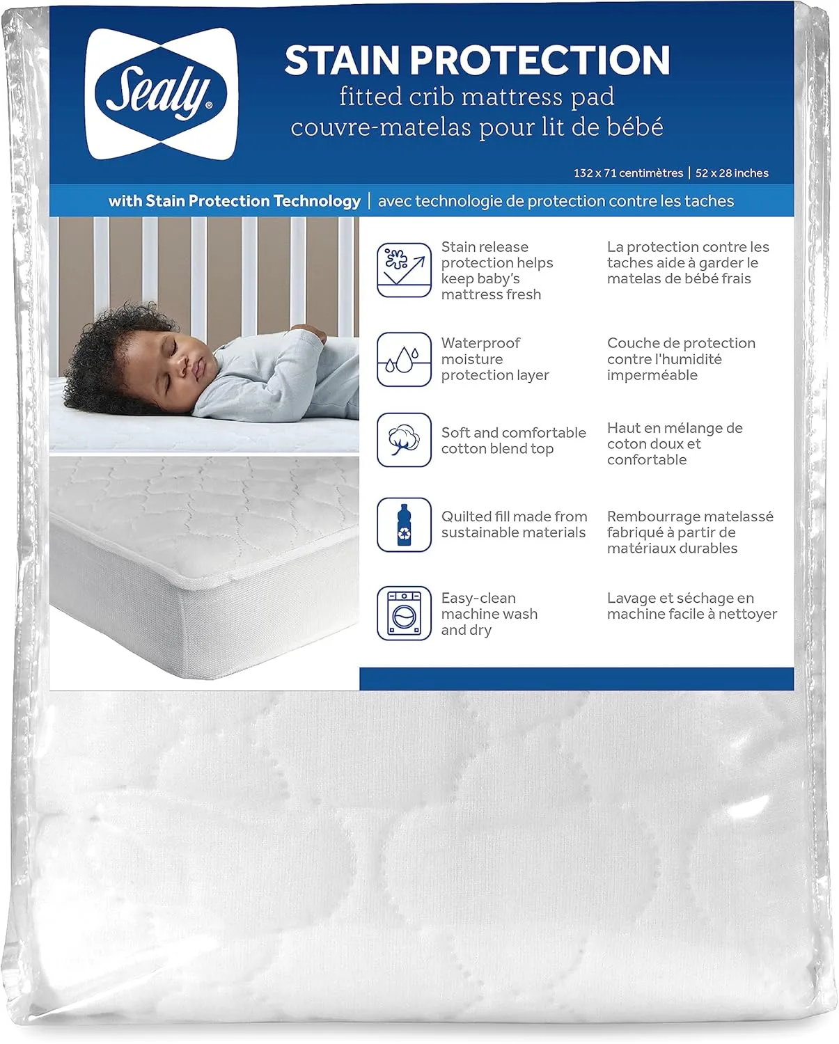 Sealy Baby Stain Protection Fitted Waterproof Infant Crib Mattress Protector Pad and Toddler Bed Cover, Durable and Comfortable Topper, Machine Washable and Dryer Friendly, 52” x 28”- White
