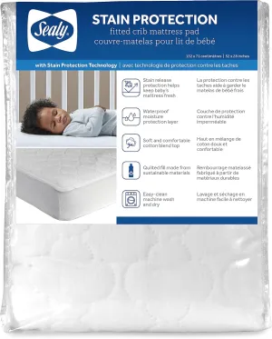 Sealy Baby Stain Protection Fitted Waterproof Infant Crib Mattress Protector Pad and Toddler Bed Cover, Durable and Comfortable Topper, Machine Washable and Dryer Friendly, 52” x 28”- White