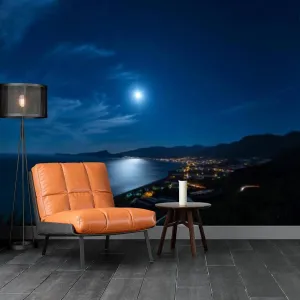 Seaside City Wall Mural, 3D Beach Night View Peel and Stick Self-Adhesive Wallpaper, Removable Sticker Home Decor TV Background Large Art Wall Painting 47"x 32"(W x H)