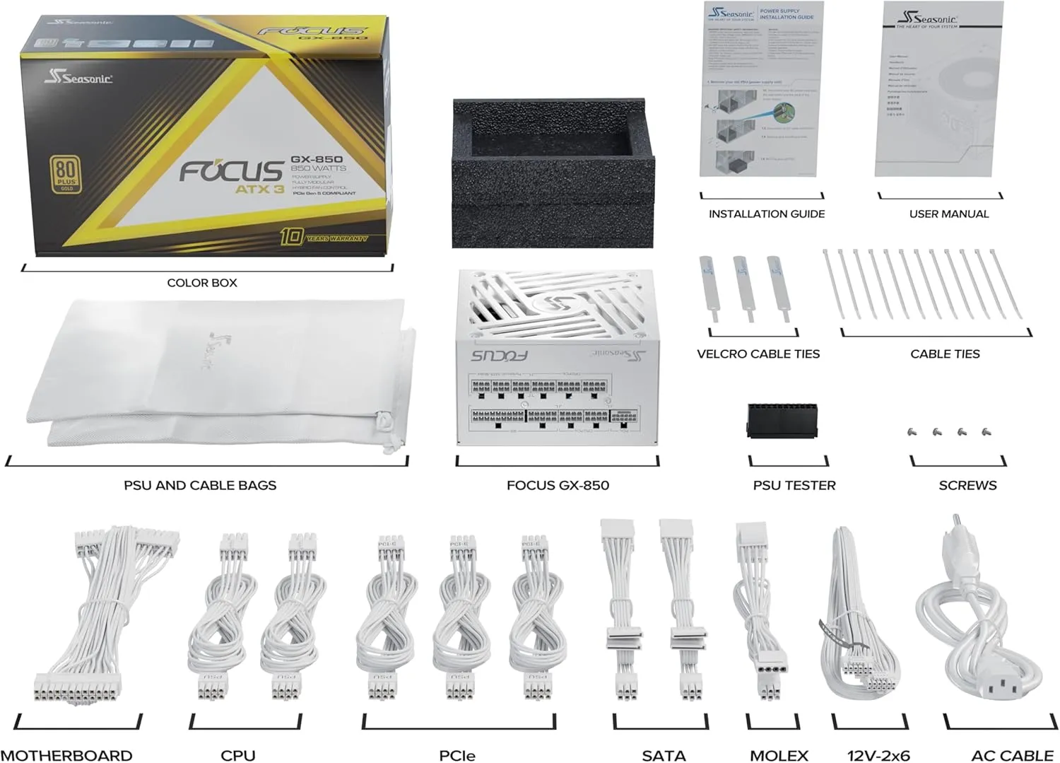 Seasonic Focus GX-850 White ATX3, 850W 80  Gold Full-Modular, Fan Control in Fanless, Silent, Cooling Mode, 40/50 Series, 10 Year Warranty, Power Supply for Gaming, SRP-FGX851-A5A32SF.