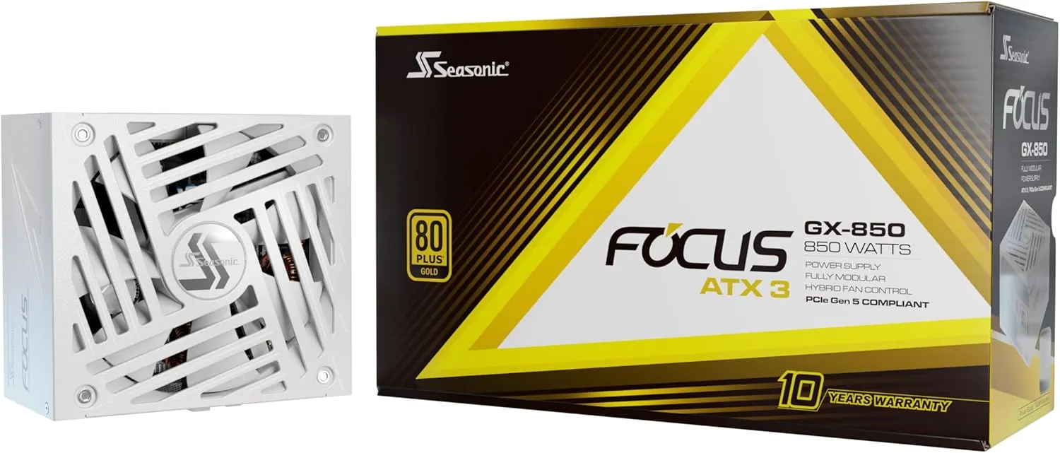Seasonic Focus GX-850 White ATX3, 850W 80  Gold Full-Modular, Fan Control in Fanless, Silent, Cooling Mode, 40/50 Series, 10 Year Warranty, Power Supply for Gaming, SRP-FGX851-A5A32SF.