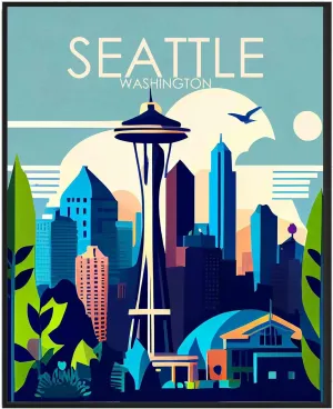 Seattle Poster Art Print, Washington Retro City Mountain and Lake Landscape Artwork, Wall Art Poster Vintage Decor Landscape Picture For Bedroom Office Home Decor (11x14 inches   (Black Frame),