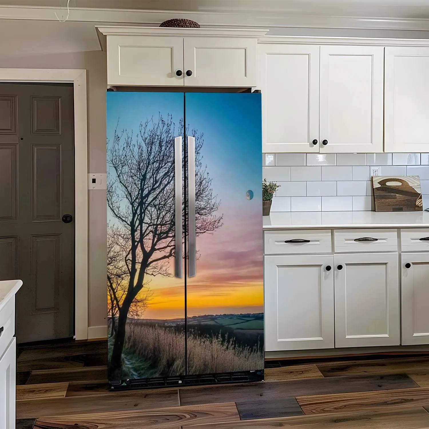 Self Adhesive Vinyl Refrigerator Wrap Set Sunrise Sleepy Moon Door Mural Removable Fridge Sticker Peel and Stick Decal Rustic Kitchen Decor