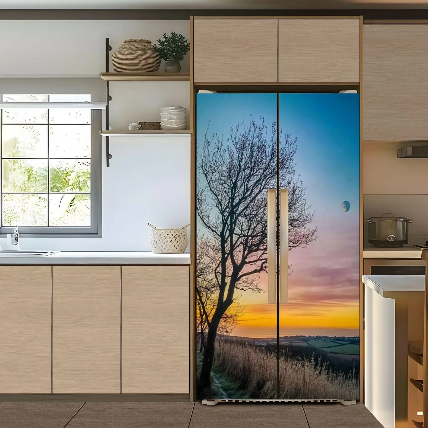 Self Adhesive Vinyl Refrigerator Wrap Set Sunrise Sleepy Moon Door Mural Removable Fridge Sticker Peel and Stick Decal Rustic Kitchen Decor