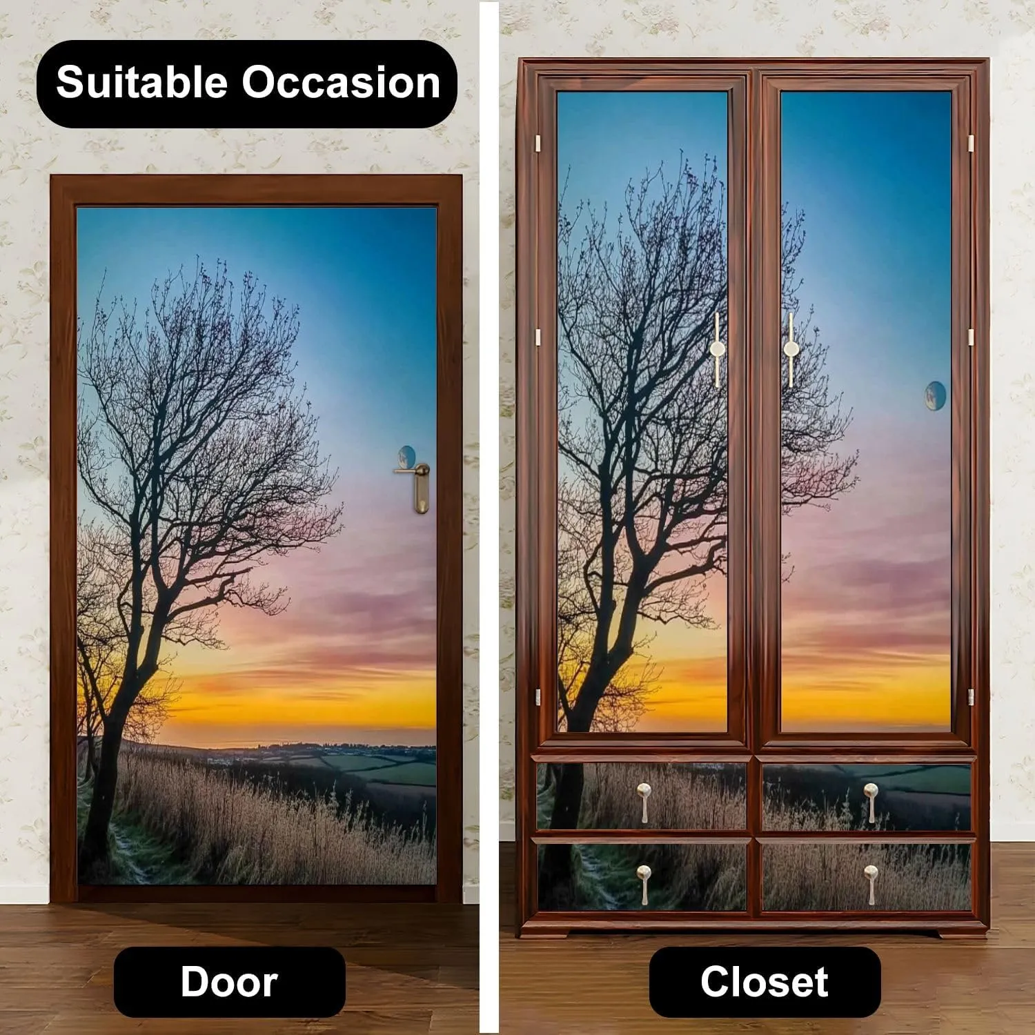 Self Adhesive Vinyl Refrigerator Wrap Set Sunrise Sleepy Moon Door Mural Removable Fridge Sticker Peel and Stick Decal Rustic Kitchen Decor