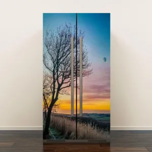 Self Adhesive Vinyl Refrigerator Wrap Set Sunrise Sleepy Moon Door Mural Removable Fridge Sticker Peel and Stick Decal Rustic Kitchen Decor