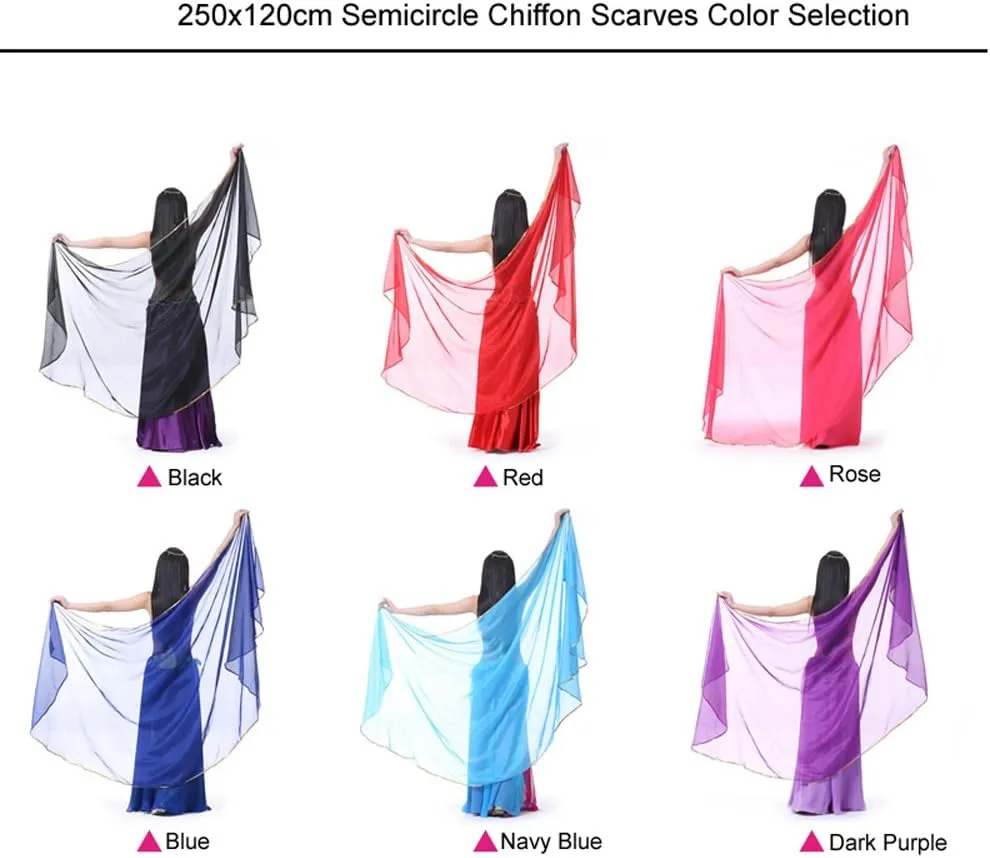 Semicircle Chiffon Hand Scarf Belly Dance Costume Outfit Hip Scarf Sequin Trim Gold Shawls Veils