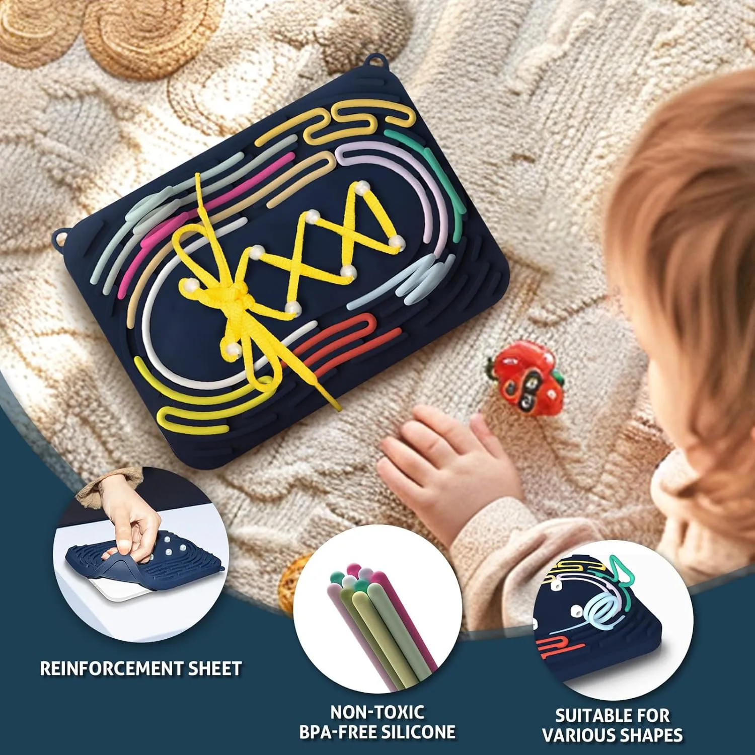 Sensory Activity Board: Silicone Fidget Toy | Shoe Tying Practice & Portable Travel Strap | Silence Stress Relief for ADHD & Autism | Anxiety Calming | Kids 3  & Adults Ready Packaging