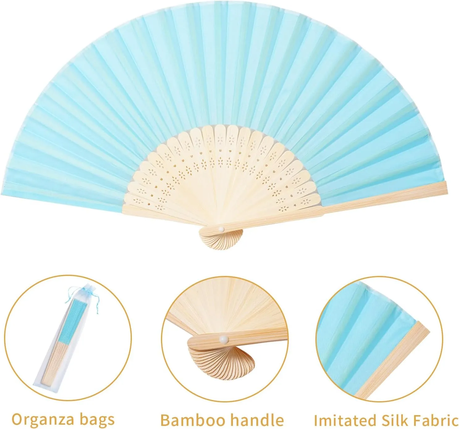 Sepwedd 50pcs Blue Imitated Silk Fabric Bamboo Folded Hand Fan Bridal Dancing Props Church Wedding party favors with Organza Bags