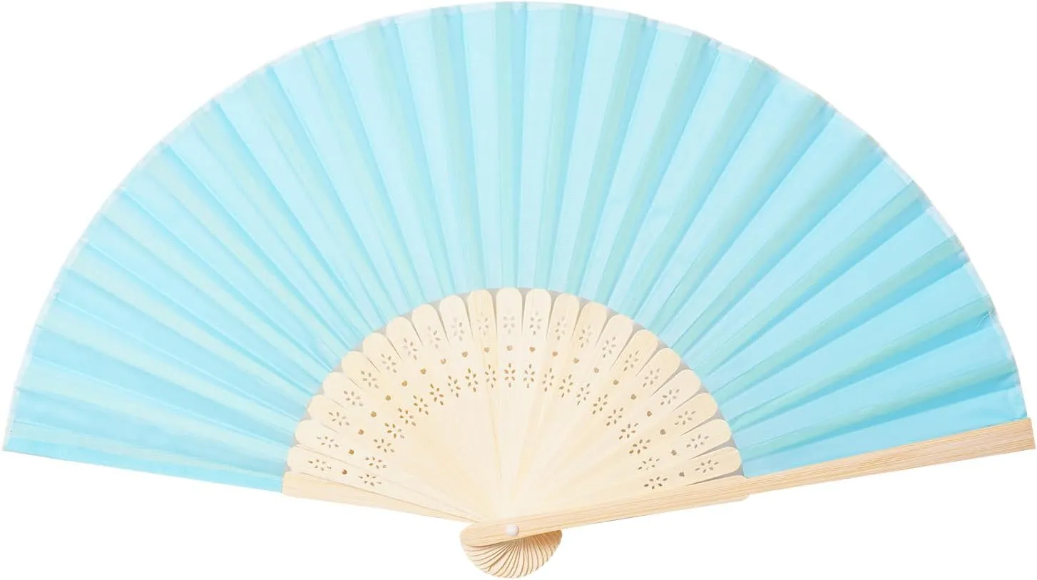Sepwedd 50pcs Blue Imitated Silk Fabric Bamboo Folded Hand Fan Bridal Dancing Props Church Wedding party favors with Organza Bags