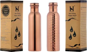 Set of 2 Pure Copper Water Bottles, UNLINED, UNCOATED and LACQURE FREE for Ayurvedic Health Benefits 600 Ml