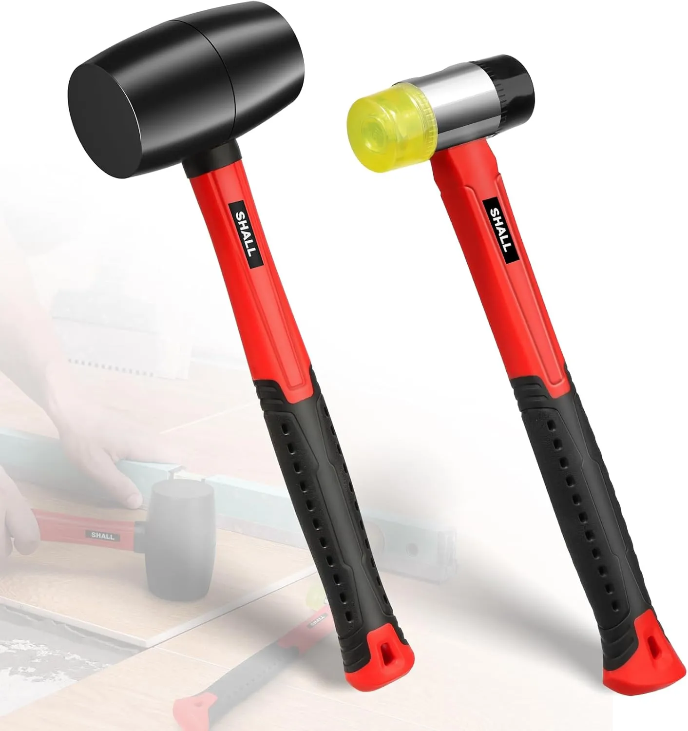 SHALL 2-Piece Rubber Mallet Hammer Set, 16oz Rubber Hammer Mallet & 40mm Double-Faced Soft Mallet, Shockproof Fiberglass Handle with Cushion Grip, Damage-Free to Flooring, Tile, Crafts and Wood Work