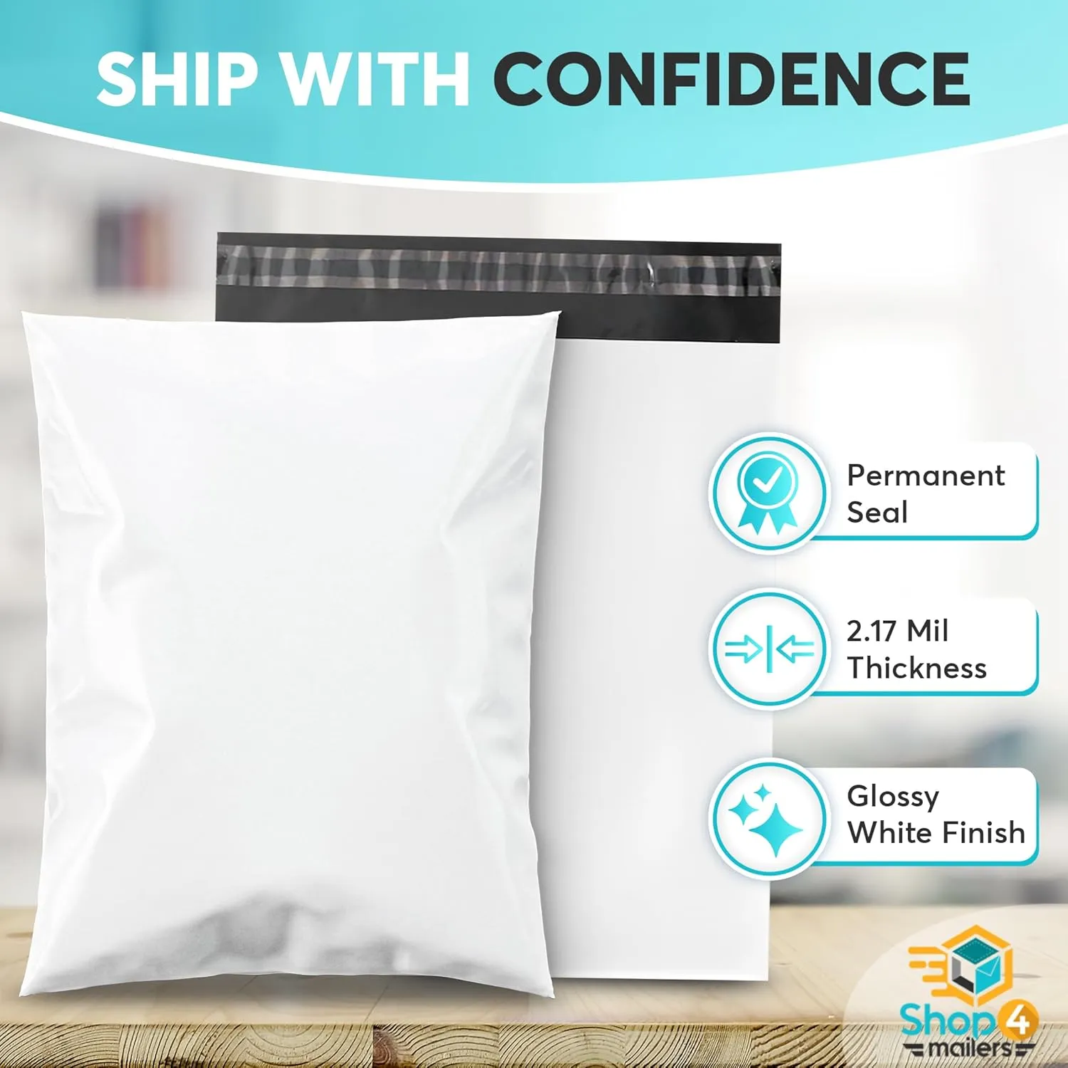Shop4Mailers 12 x 15.5 Glossy White Plastic Self Seal Poly Mailer Flat Bags Waterproof Shipping Envelope 2.17 Mil for Apparel, Clothes, Shirts, Books – Permanent Adhesive Seal (1000 Pack)