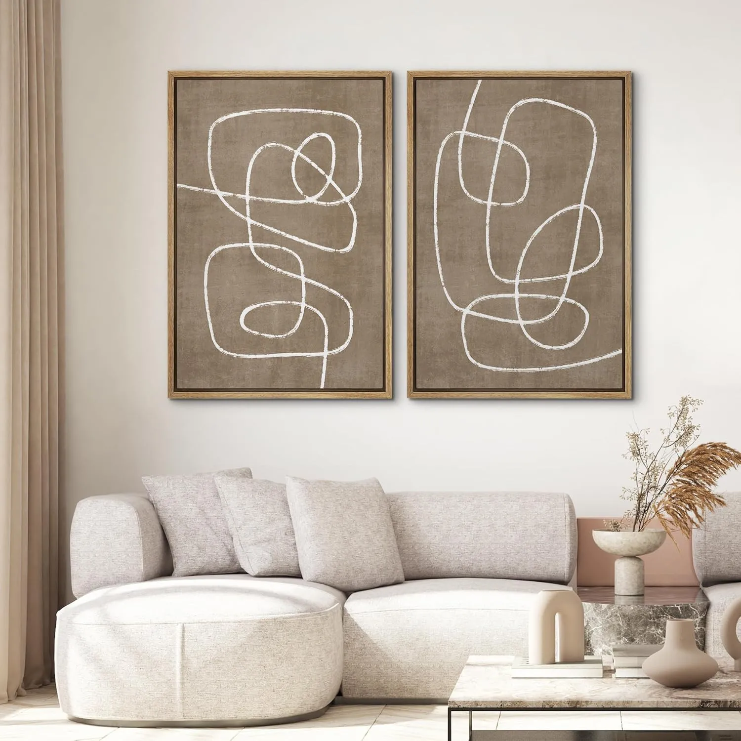 SIGNWIN Framed Canvas Print Wall Art Set Geometric Mid-Century Spiral Collage Abstract Shapes Cozy Neutral Minimal Decorative Nordic Zen Bohemian for Living Room, Bedroom, Office - 24"x36"x2 Natural