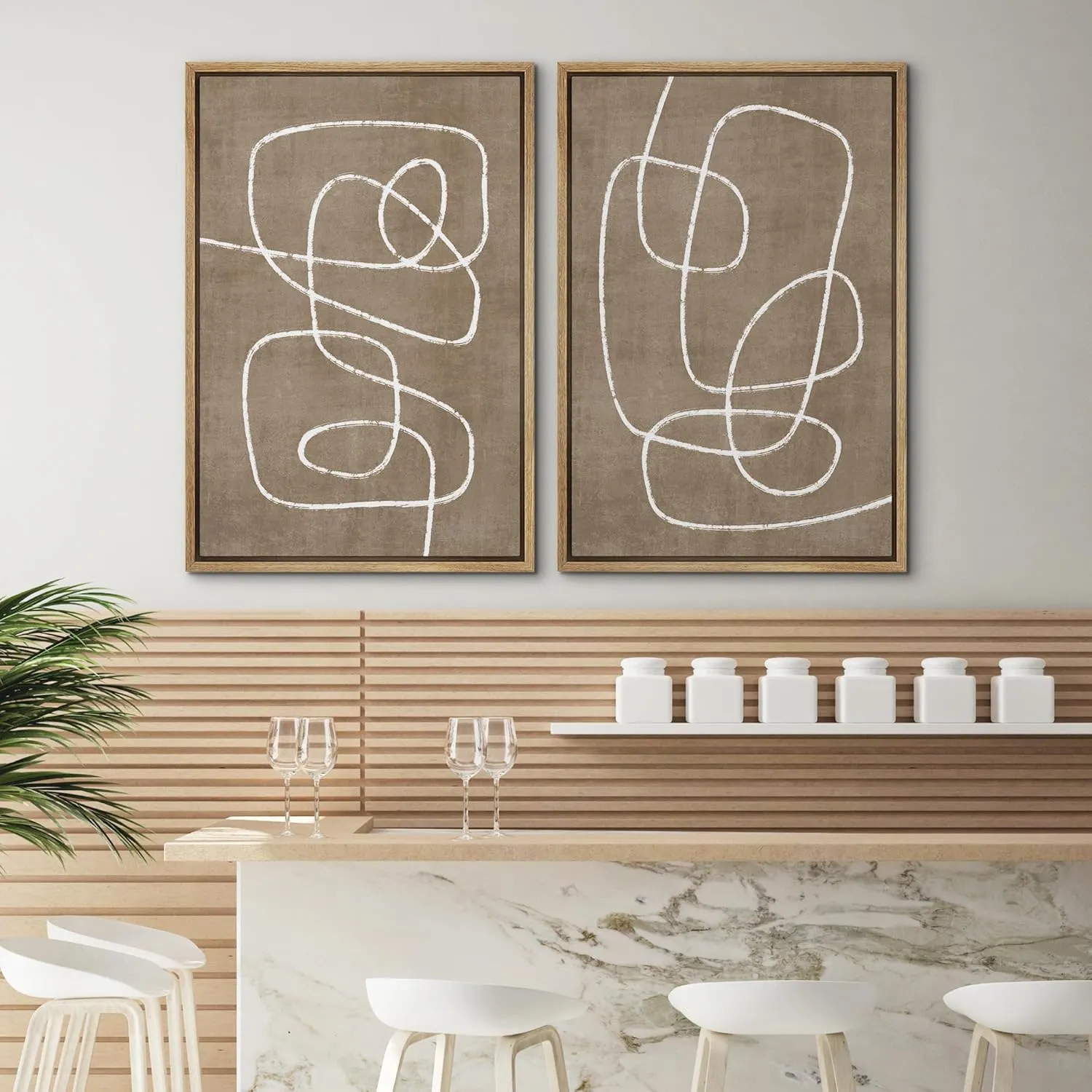 SIGNWIN Framed Canvas Print Wall Art Set Geometric Mid-Century Spiral Collage Abstract Shapes Cozy Neutral Minimal Decorative Nordic Zen Bohemian for Living Room, Bedroom, Office - 24"x36"x2 Natural