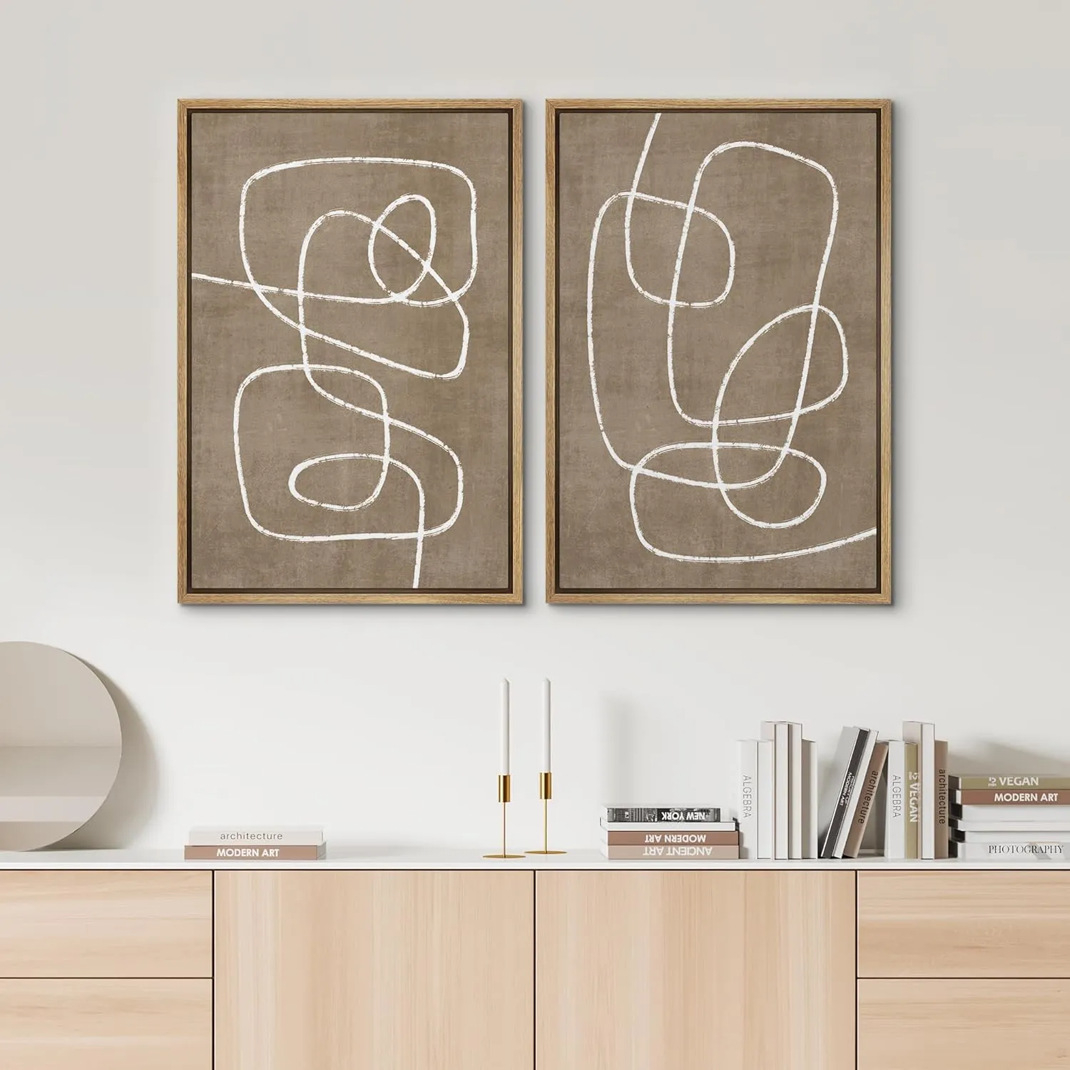 SIGNWIN Framed Canvas Print Wall Art Set Geometric Mid-Century Spiral Collage Abstract Shapes Cozy Neutral Minimal Decorative Nordic Zen Bohemian for Living Room, Bedroom, Office - 24"x36"x2 Natural