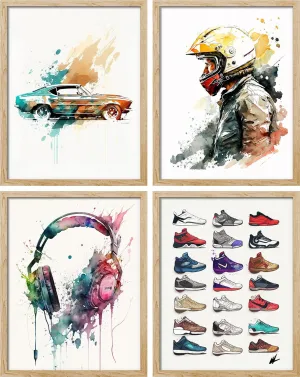 SIGNWIN Framed Sportscar Headphone Sneaker Collage Wall Art, Set of 4 Boy's Bedroom Illustration Wall Decor Prints, Multicolor Contemporary Wall Décor for Living Room, Bedroom - 11"x14" Natural