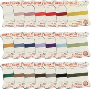 Silk Bead Cord Perlseide – Size 0 (0.30mm) 21 Color Sampler – 2 Meters per Card – Stainless Steel Needle Attached – for Knotting Pearls, Gemstones, Crystals and Beads