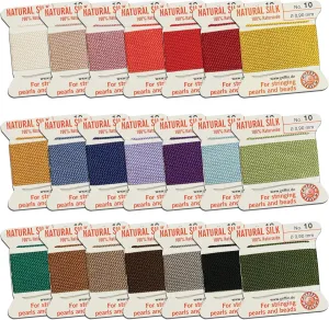 Silk Bead Cord Perlseide – Size 10 (0.90mm) 21 Color Sampler – 2 Meters per Card – Stainless Steel Needle Attached – for Knotting Pearls, Gemstones, Crystals and Beads