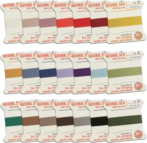 Silk Bead Cord Perlseide – Size 2 (0.45mm) 21 Color Sampler – 2 Meters per Card – Stainless Steel Needle Attached – for Knotting Pearls, Gemstones, Crystals and Beads