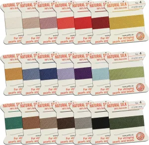 Silk Bead Cord Perlseide – Size 4 (0.60mm) 21 Color Sampler – 2 Meters per Card – Stainless Steel Needle Attached – for Knotting Pearls, Gemstones, Crystals and Beads