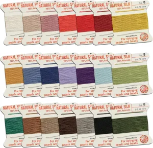 Silk Bead Cord Perlseide – Size 8 (0.80mm) 21 Color Sampler – 2 Meters per Card – Stainless Steel Needle Attached – for Knotting Pearls, Gemstones, Crystals and Beads