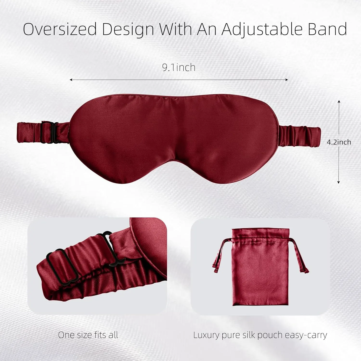 Silk Eye Sleeping Mask, Travel Mask, Eye Covers for Sleeping, Organic sleep mask, Real Adjustable Band, and Luxury Travel Bag (Red Wine)