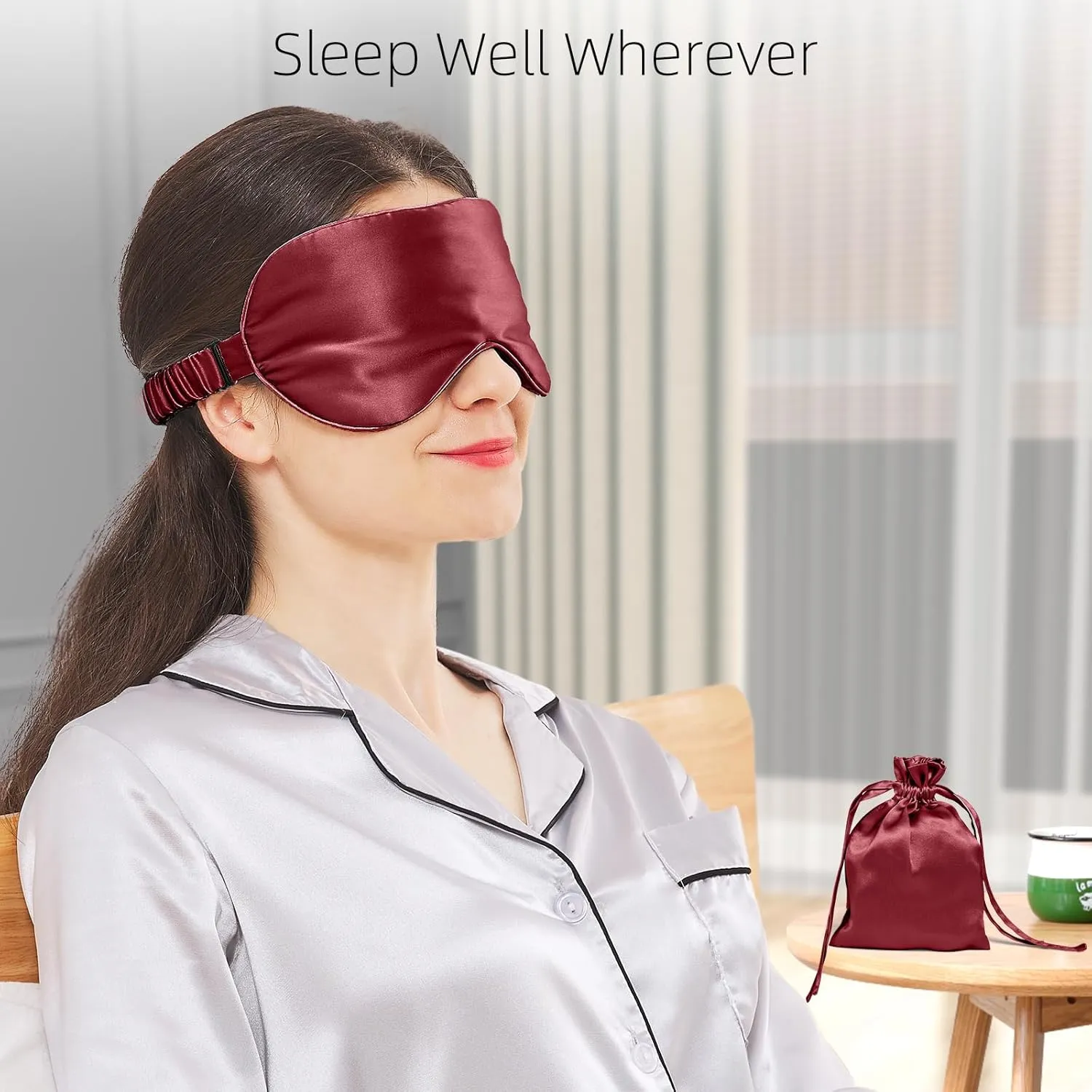 Silk Eye Sleeping Mask, Travel Mask, Eye Covers for Sleeping, Organic sleep mask, Real Adjustable Band, and Luxury Travel Bag (Red Wine)