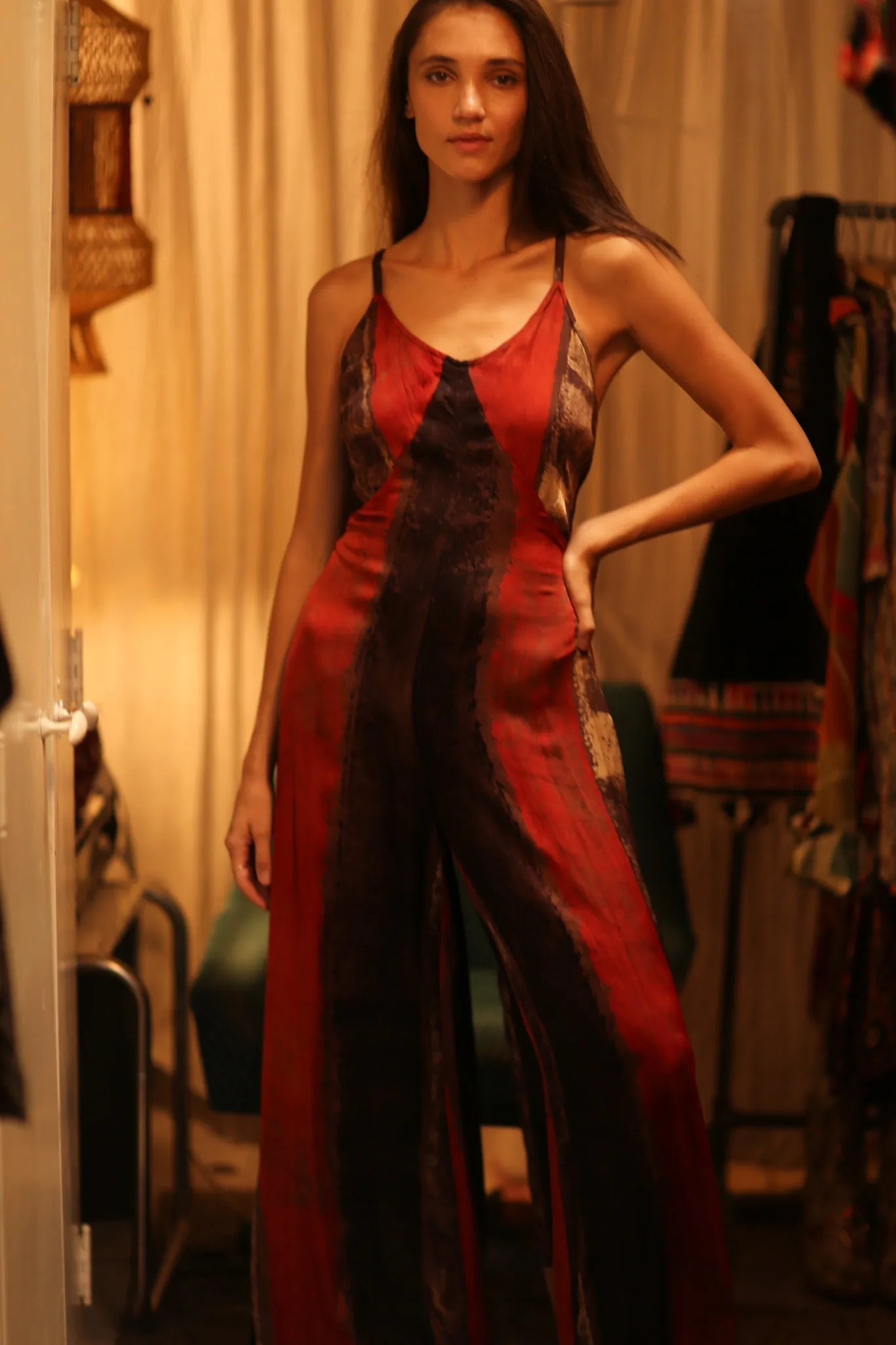 SILK JUMPSUIT NEIS RED BROWN STRIPE