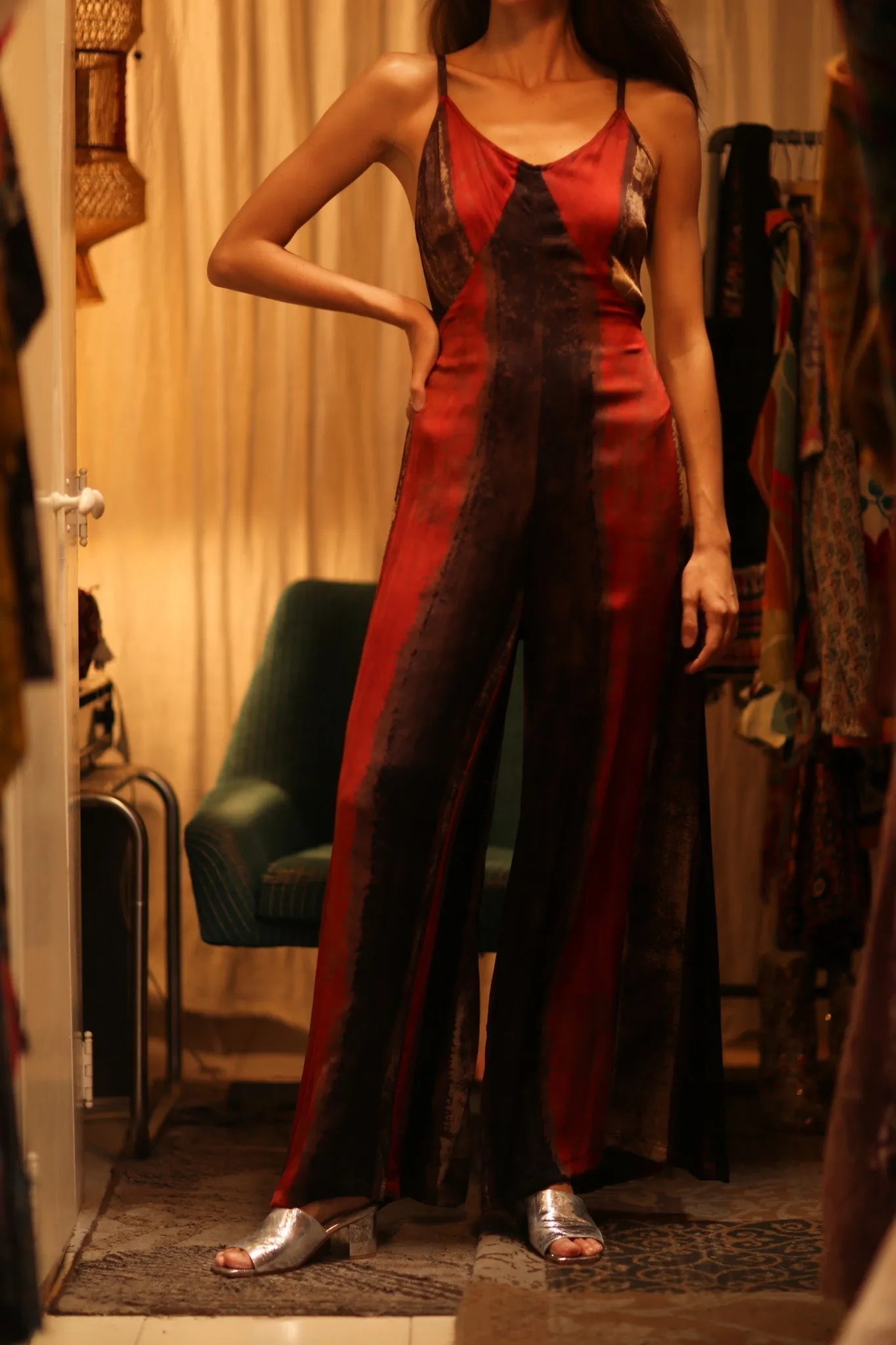 SILK JUMPSUIT NEIS RED BROWN STRIPE