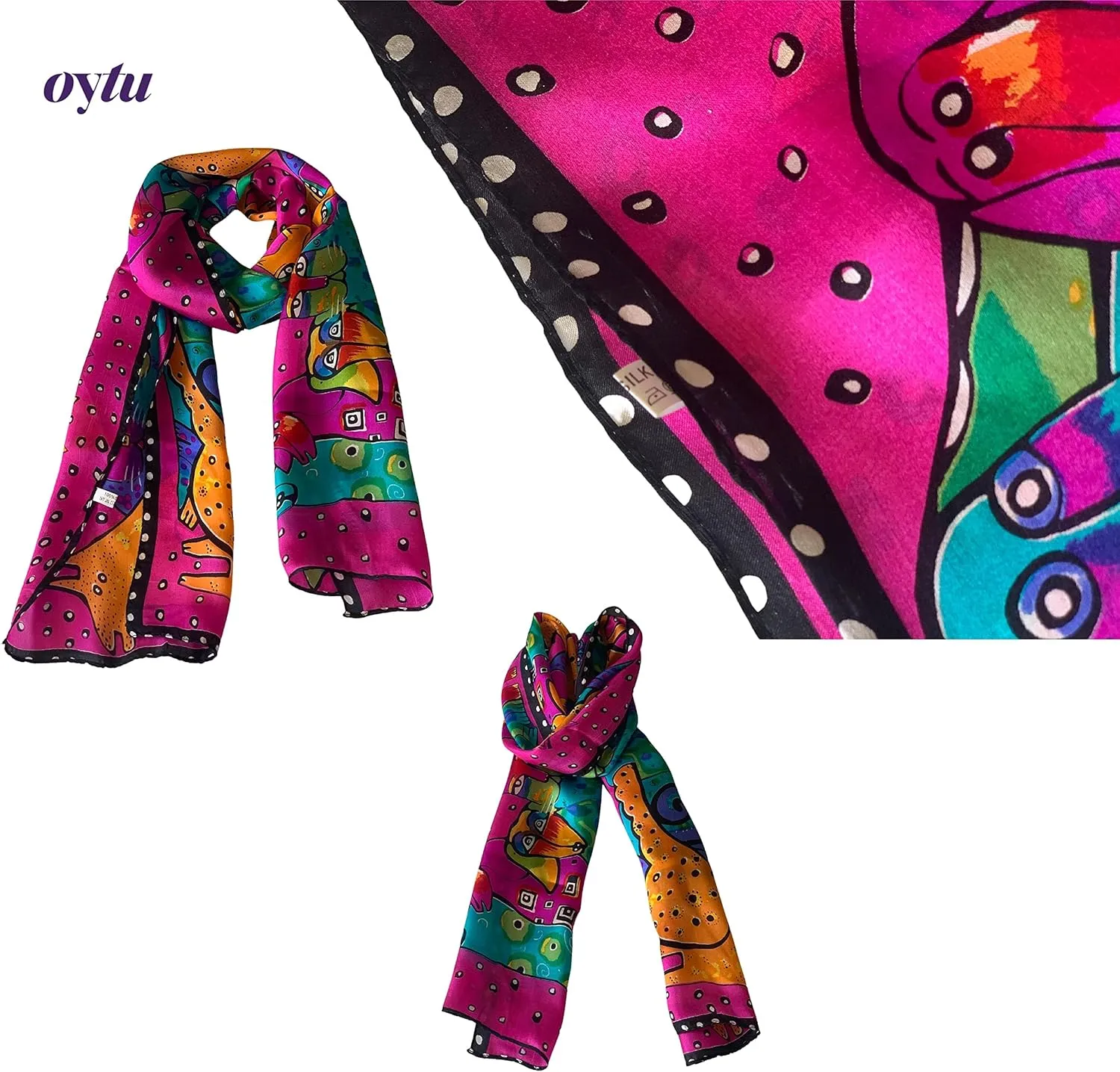 Silk Scarves Women's0 Mulberry Silk Scarves Pure Silk Long Cat Printed Scarf Head Scarf Headbands Scarves Art Print