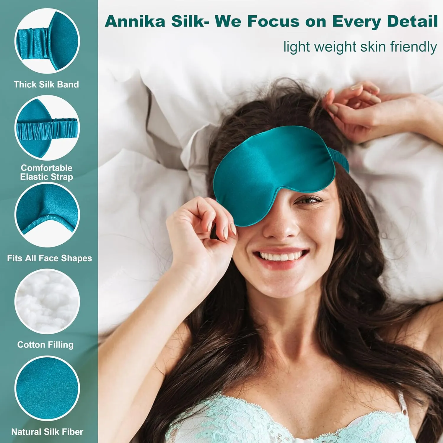 Silk Sleep Mask by ANNIKA SILK™ - 6A Grade 22 Momme 100% Mulberry Eye Mask for Sleeping with Adjustable Strap, Lightweight Blindfold for Shift Work, Travel and Night Sleep (Peacock Blue)