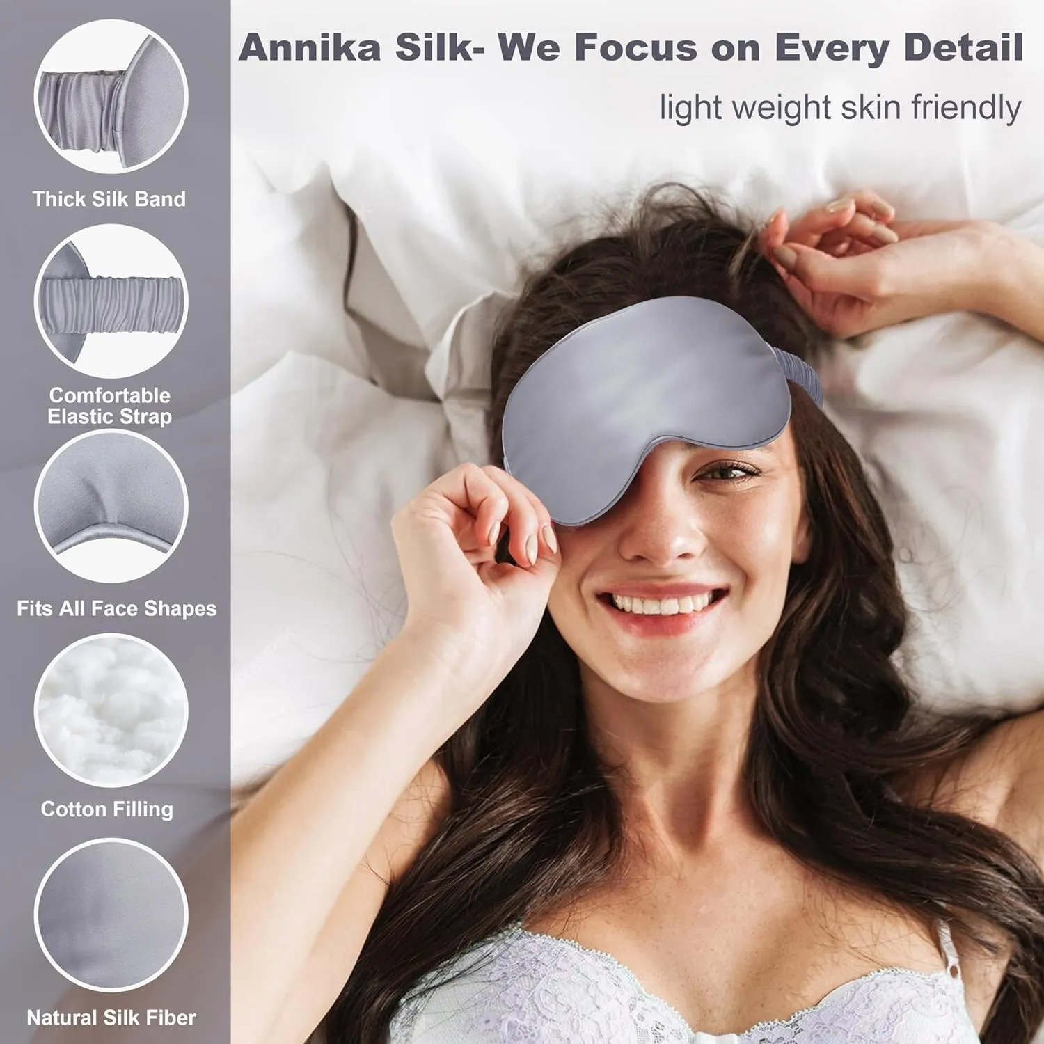 Silk Sleep Mask by ANNIKA SILK™ - 6A Grade 22 Momme 100% Mulberry Eye Mask for Sleeping with Adjustable Strap, Lightweight Silk Eye Mask for Shift Work, Travel and Night Sleep (Silver)