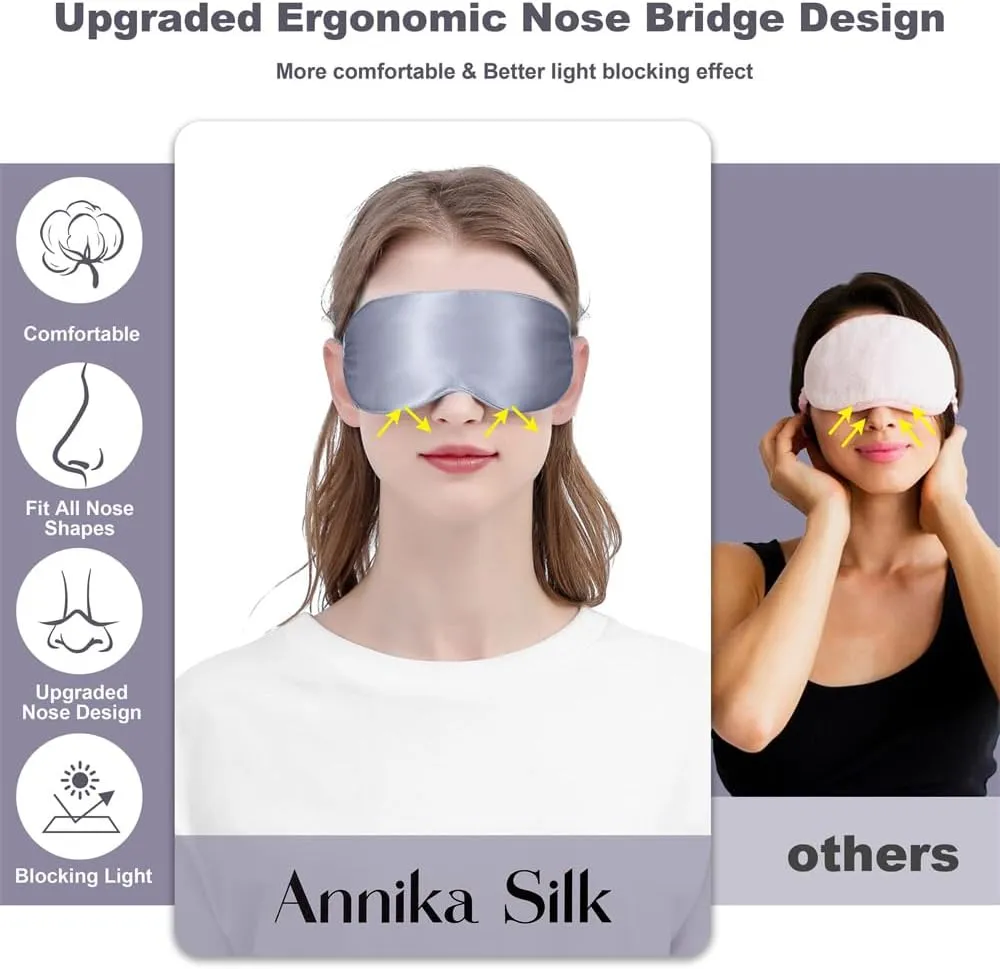 Silk Sleep Mask by ANNIKA SILK™ - 6A Grade 22 Momme 100% Mulberry Eye Mask for Sleeping with Adjustable Strap, Lightweight Silk Eye Mask for Shift Work, Travel and Night Sleep (Silver)