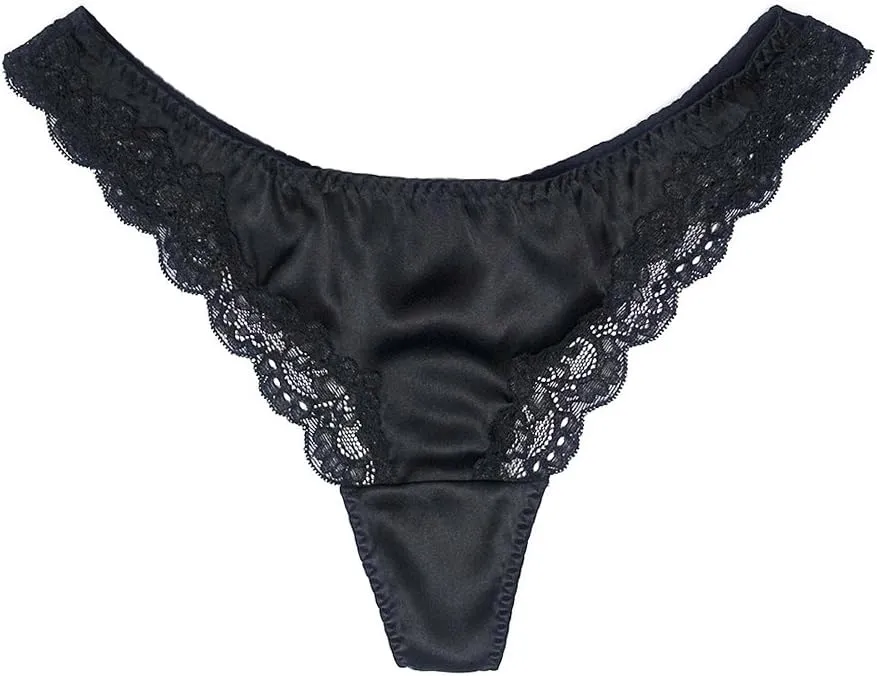SilRiver Womens Silk G-String Thong Panties Satin T Back Lace Thong Underwear