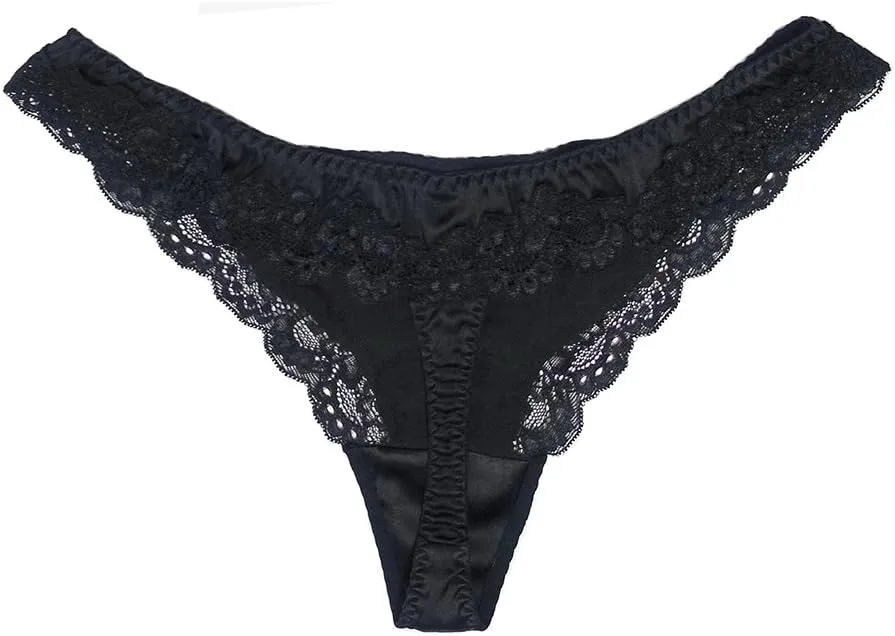 SilRiver Womens Silk G-String Thong Panties Satin T Back Lace Thong Underwear