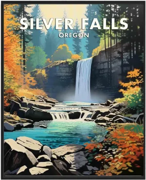Silver Falls Poster Art Print, Oregon Waterfalls Retro Mountain and Lake Landscape, Wall Art Poster Vintage Decor Nature Landscape Picture For Bedroom Office Home (16x20 inches (Unframed), Silver Falls Oregon)