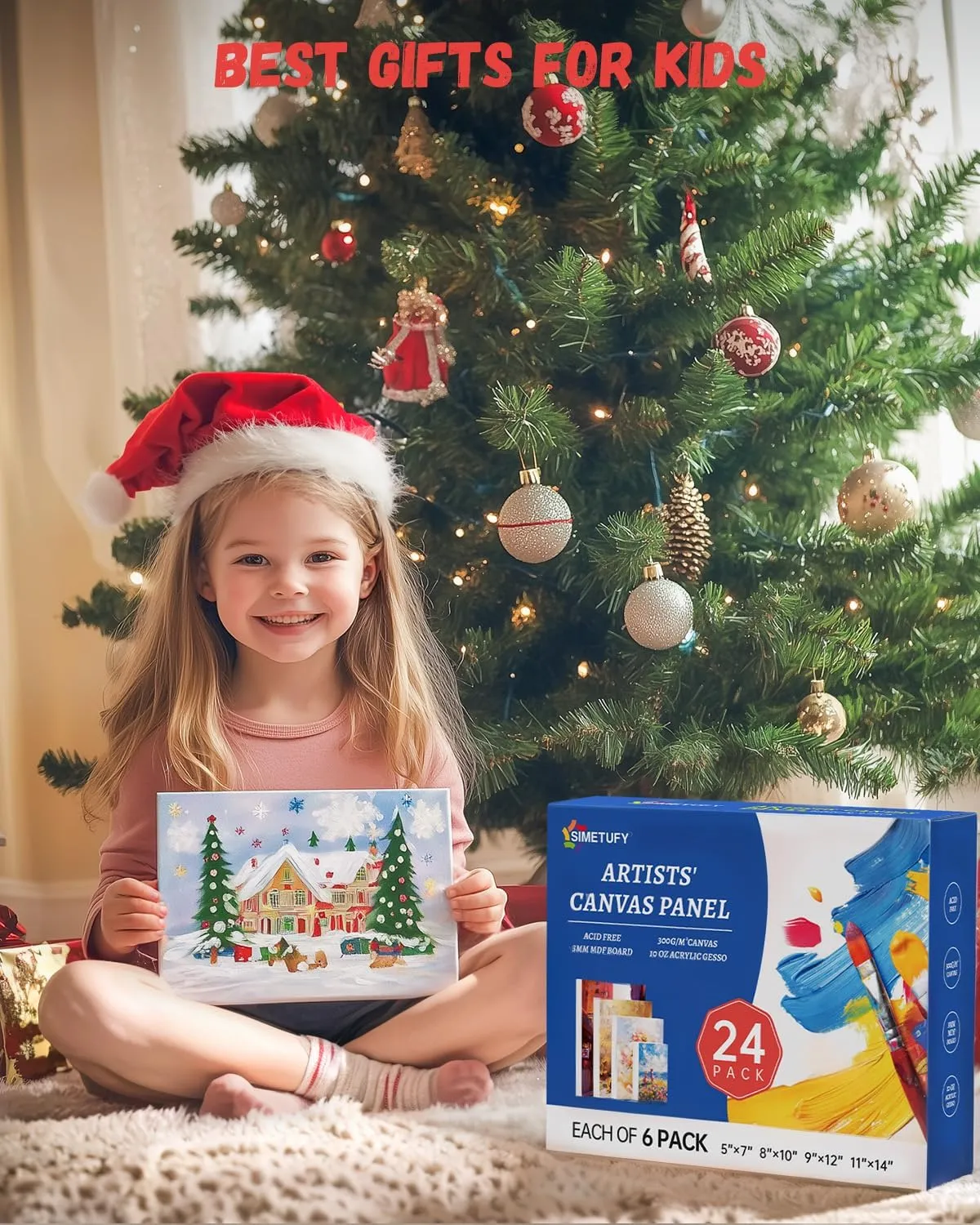Simetufy 24 Pack Canvas Boards for Painting 6Pcs of Each 5x7, 8x10, 9x12, 11x14 Inch, Flat Paint Canvas Panels for Kids, for Oil Acrylic Watercolor, Gift Box Set