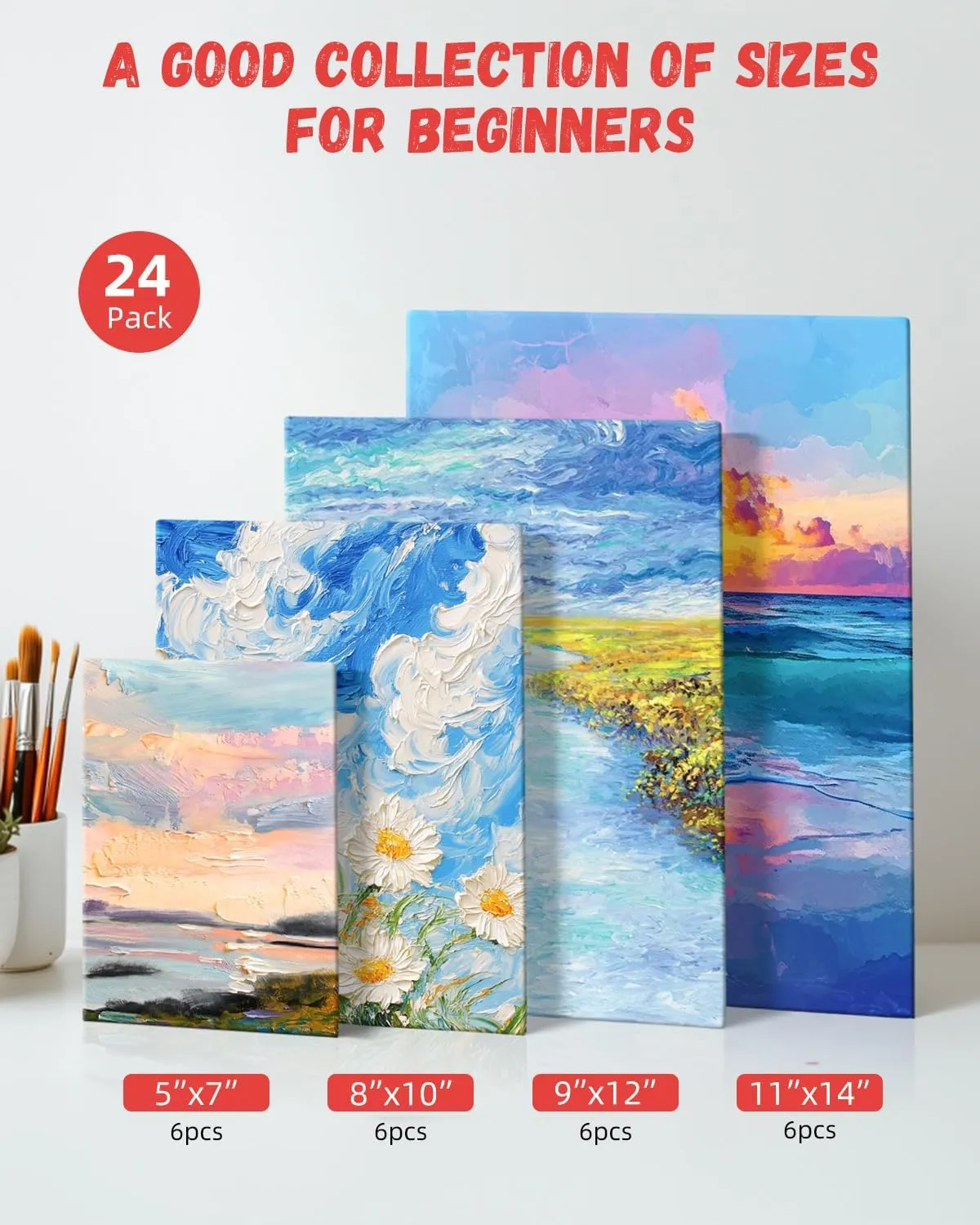 Simetufy 24 Pack Canvas Boards for Painting 6Pcs of Each 5x7, 8x10, 9x12, 11x14 Inch, Flat Paint Canvas Panels for Kids, for Oil Acrylic Watercolor, Gift Box Set