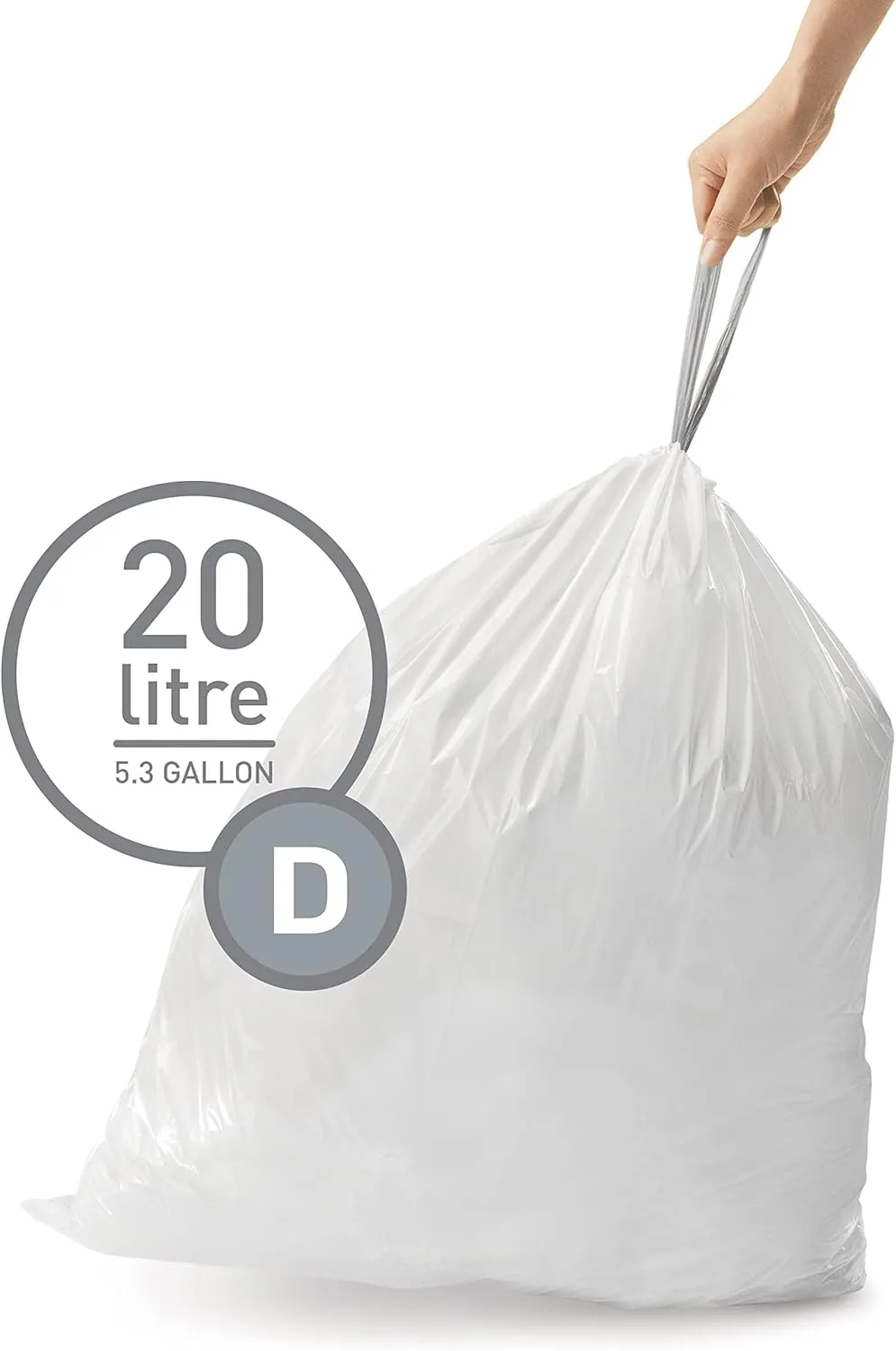 simplehuman code D Custom Fit Drawstring Trash Bags in Dispenser Packs, 20 Count, 20L / 5.2 Gallon, White