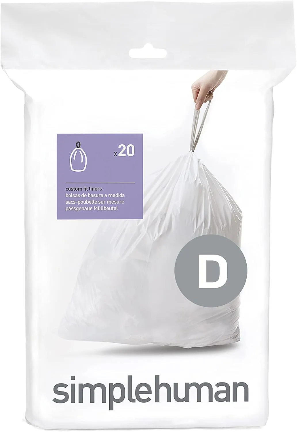 simplehuman code D Custom Fit Drawstring Trash Bags in Dispenser Packs, 20 Count, 20L / 5.2 Gallon, White