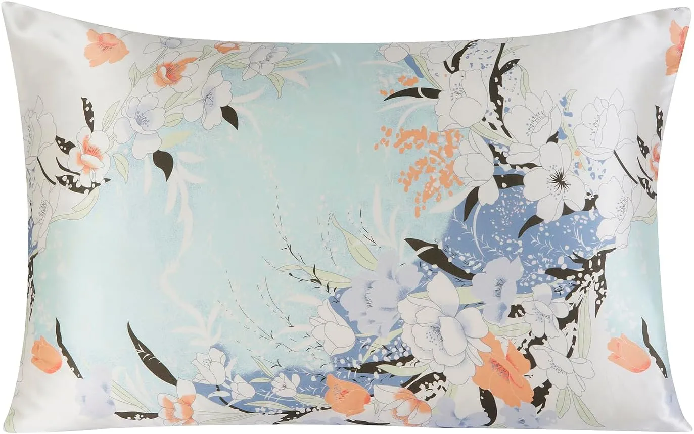 SingleFaced Mulberry Silk Pillowcase Printed Floral Hair Care Silk Luxury Beauty Sleep Accessory Smooth Hair（1Pcs Tenderness Blue） (Tenderness Blue, Queen 20"*30")