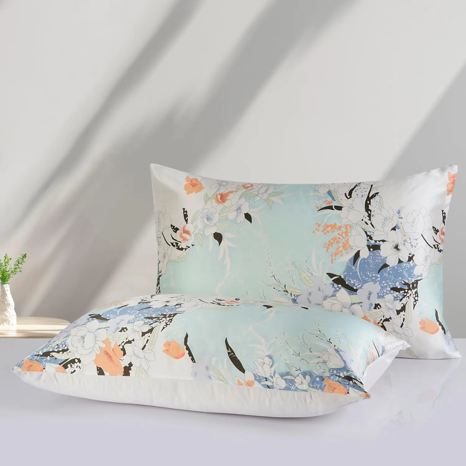 SingleFaced Mulberry Silk Pillowcase Printed Floral Hair Care Silk Luxury Beauty Sleep Accessory Smooth Hair（1Pcs Tenderness Blue） (Tenderness Blue, Queen 20"*30")