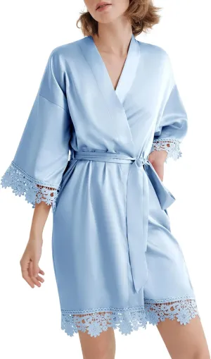 SIORO Women's Satin Robe Lace Silk Kimono Robes Short for Bridesmaid Wedding Party Nightgown Print 2 Medium