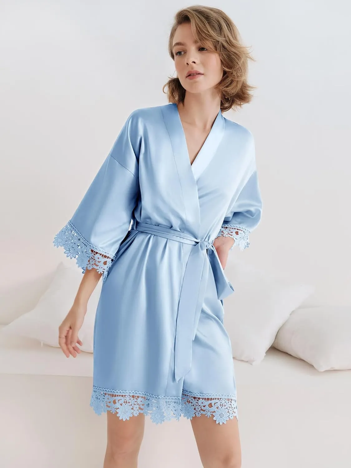 SIORO Women's Satin Robe Lace Silk Kimono Robes Short for Bridesmaid Wedding Party Nightgown Print 2 Medium