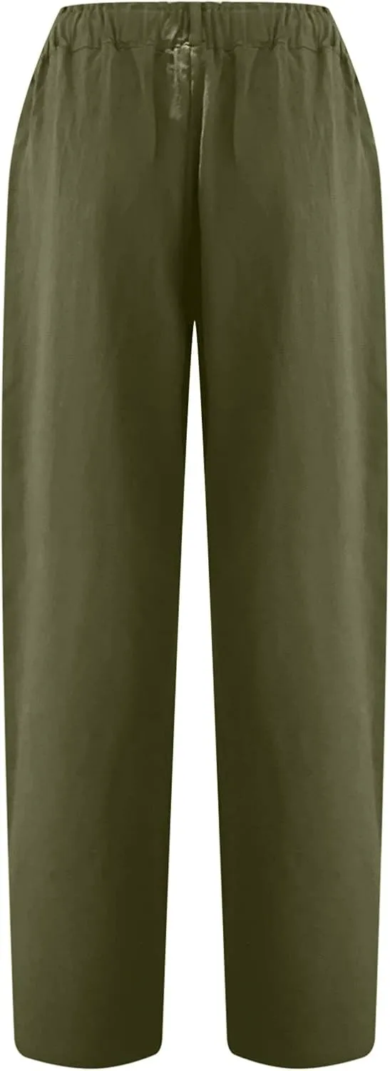 SMIDOW Womens Linen Button Cropped Pants Elastic High Waist Casual Loose Comfy Straight Leg Capris Lounge Trouser Dressy