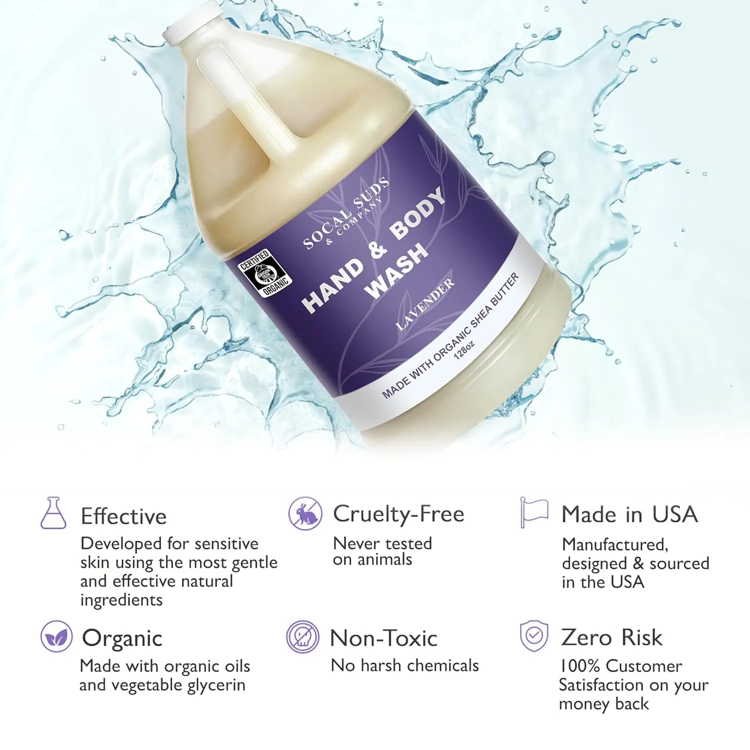 SoCal Suds & Company 128oz Certified Organic Hand & Body Wash w/Shea Butter- Gentle Natural Body,Baby & Face Wash for Sensitive Skin, Moisturizing Thick Castile Soap, Hand Soap and More - Lavender