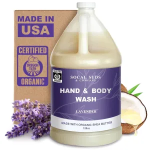 SoCal Suds & Company 128oz Certified Organic Hand & Body Wash w/Shea Butter- Gentle Natural Body,Baby & Face Wash for Sensitive Skin, Moisturizing Thick Castile Soap, Hand Soap and More - Lavender